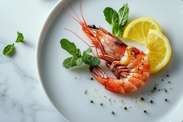 Wall Mural - Fresh shrimp garnished with mint and lemon slices served on a white plate