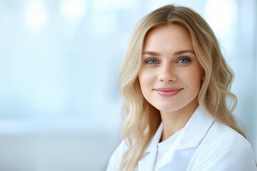 A bright and confident woman in a white medical coat, with a welcoming smile and serene expression, standing against a light background.