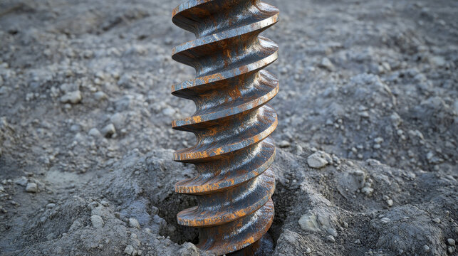 close-up on a helical screw pile design, sturdy steel spirals visible, grounded in compacted soil
