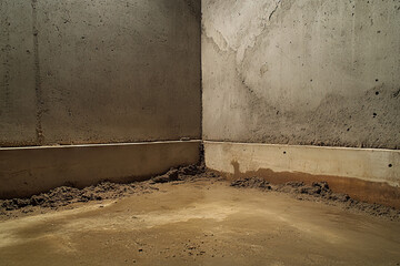 the junction of two walls in a strip foundation, showcasing smooth, professional finish on concrete, reinforcing steel embedded at corner, dry soil compacted around foundation