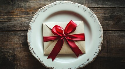 Love letter on a plate adorned with a red bow for Valentine s Day