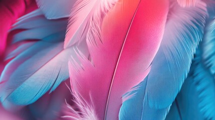 Sticker - Vibrant multicolored feathers in bright pink and blue neon hues Close up view of soft colorful feathers Minimalist abstract design featuring ample space for text