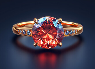 Ornate ring with a large red gemstone, a symbol of wealth and power for computer or mobile video game, motion design or packaging design. Realistic style illustration isolated on black background