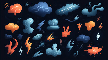 Abstract artistic illustration of colorful clouds and lightning symbols against a dark background, featuring variety of shapes and gradients in blue and orange tones.