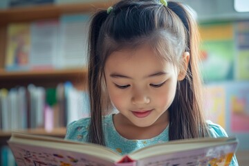 A young girl is deeply focused on a colorful book as she sits in a library, surrounded by shelves filled with various books during daylight