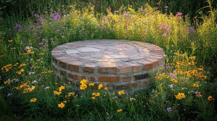 A tranquil stone well surrounded by vibrant wildflowers in a sunlit meadow during early spring\'s bloom