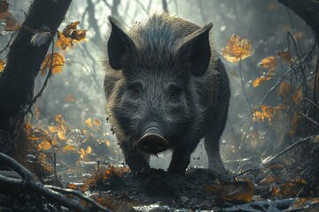 Wild Boar in the Forest: A Close-Up Portrait