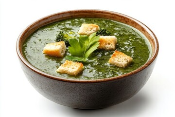 Wall Mural - Delicious green soup with tender beef chunks and vibrant broccoli served in a rustic bowl