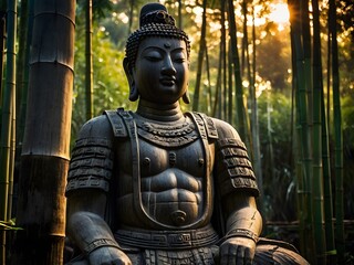 An ancient statue in the middle of a bamboo forest