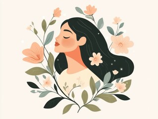 Nature-inspired portrait of a woman with flowers and leaves in minimalist art style