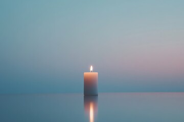 Poster - A Single Lit Candle on a Smooth, Reflective Surface with a Soft Blue and Pink Gradient Background