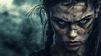 Wall Mural - Fierce and Determined Warrior Woman in Stormy Battlefield Setting