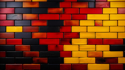 The background is made of wooden boards of different shapes and colors: black, yellow and red.