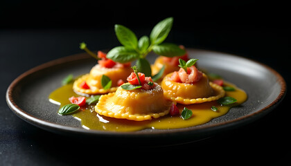 Gourmet ravioli, vibrant colors, seafood filling, elegant presentation, dark background, fine dining concept