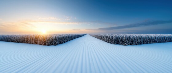 Wall Mural - A serene winter landscape featuring snow-covered fields and a vibrant sunrise on the horizon.