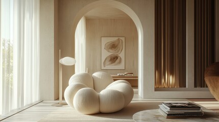 Modern Living Area: Cloud-Form Bouclé Chair, Fluted Concrete, Alabaster Table Lamp, Art Books, Nested Arch Detail, and Airy Minimal Design in Warm Neutrals.