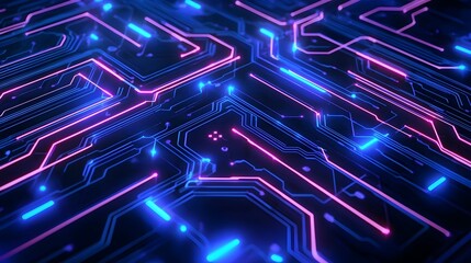 Futuristic Neon Circuit Board Pattern with Glowing Connections on Dark Background for Tech Inspired Designs