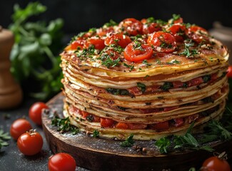 Stack of savory crepes with tomatoes and herbs on rustic wooden board