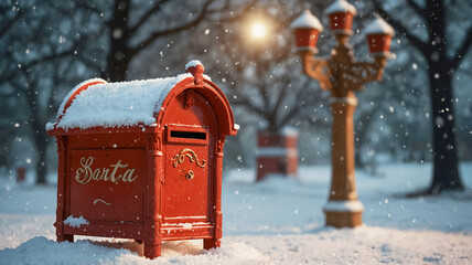 Red Christmas mailbox on winter background with snow falling and Christmas lights. Sending letters to Santa Claus. Santa mail. Merry Christmas wishes