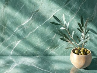 Green marble with organic olive accents, the 3D texture highlighting the stone intricate veins, paired with the delicate curves of an olive branch