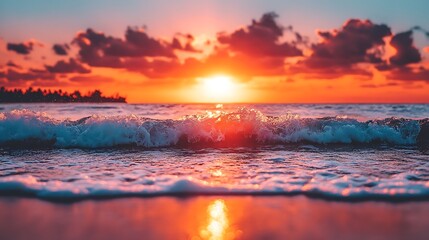 Wall Mural - Waves Crashing on Rocky Shore at Sunset