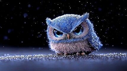 A cute, blue, fluffy owl with big eyes,  perched on a snowy surface, with snow falling around it.