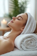 Wall Mural - A woman lies on her back in a serene spa environment, wrapped in a soft towel. As she receives a gentle head massage, her peaceful expression reflects relaxation. Soft light and candles create a sooth