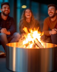 Wall Mural - Friends laughing around a cozy fire pit at night