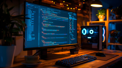 Modern Coding Setup with Computer and Colorful Backlighting