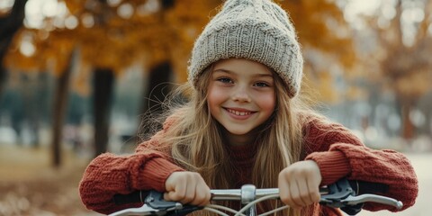 A happy young girl in autumn clothing riding her bike with a smile.