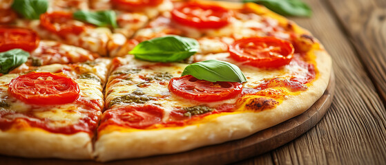 Freshly Baked Pizza with Tomatoes and Basil.