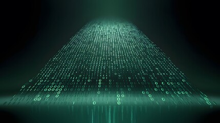 high-contrast professional photograph featuring a mesmerizing binary code overlay as the primary subject, set against a gradient background transitioning from deep, rich green hues to dark, mysterious