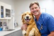 © Ganesha88 - A male veterinarian in a blue nurse uniform stands holding a cute golden retriever and looking at each other, both smiling with happiness and joy behind the clinic room.