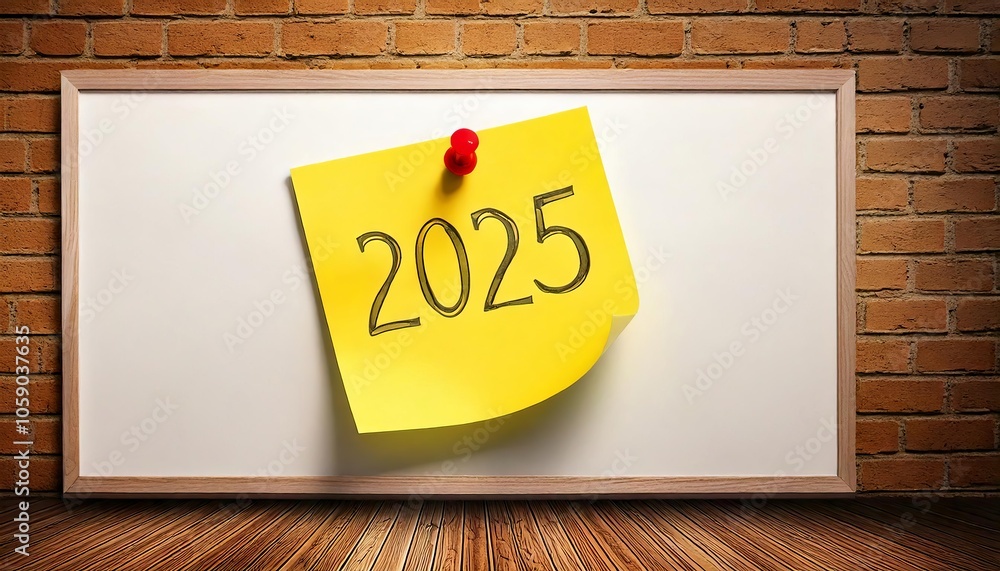 Yellow sticky note with 2025 on whiteboard against brick wall ...