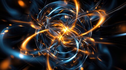 A vibrant, abstract depiction of swirling blue and orange light patterns, suggesting energy and dynamic motion in a cosmic or molecular theme.