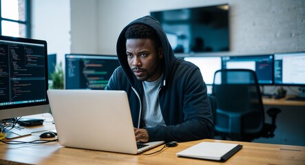 African web developer coding on laptop intense concentration hoodie and jeans tech office with multiple monitors early thirties male