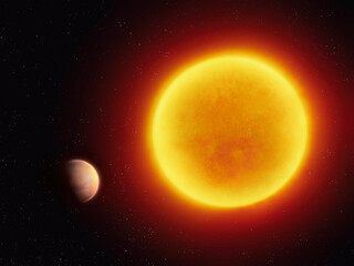 Wall Mural - planet near barnard's star. exoplanet in another star system. red dwarf with a rocky planet.