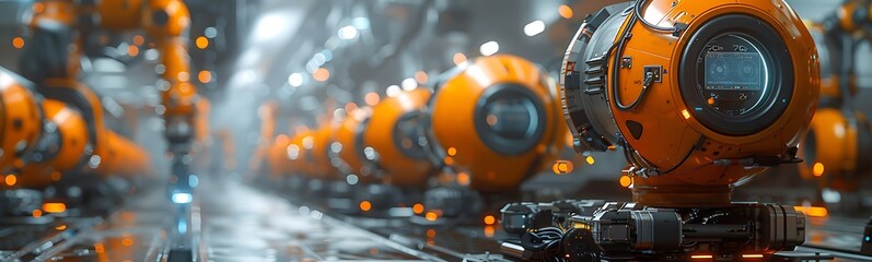 Aufkleber - A futuristic scene featuring robotic machines with orange accents, arranged in a high-tech, well-lit environment.