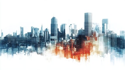 A dynamic city skyline with abstract, colorful elements showcasing a blend of blue and orange hues against a white background.