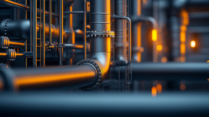 Aufkleber - high resolution image of oil refinery at sunset, showcasing intricate metal pipes and industrial structures with warm lighting