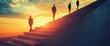 © Vitalii Shkurko - Silhouetted figures in business attire ascend a set of stairs against a stunning sunset, embodying themes of ambition, success, and perseverance in a urban setting