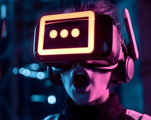 Wall Mural - tech innovator with breakthrough idea in virtual reality headset neon exclamation mark overlay