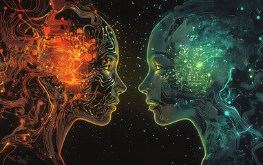 Graphic of two abstract heads connected by glowing circuits, emphasizing the theme of communication and connection fostered by generative AI technology