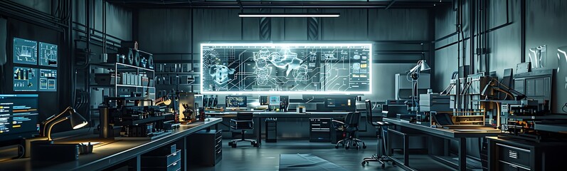 Poster - A high-tech laboratory filled with screens, data equipment, and illuminated workspaces, showcasing a futuristic research environment.