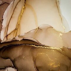 Abstract alcohol ink painting in white, brown, and gold. Fluid art with  golden veins and textures.