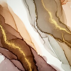 Abstract alcohol ink painting in white, brown, and gold. Fluid art with  golden veins and textures.