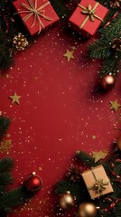 Wall Mural - festive red background adorned with christmas gifts, pine branches, golden stars, and shimmering orn