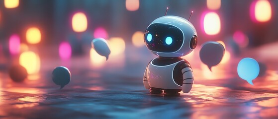 Leinwandbilder - Dynamic image of a cheerful chatbot surrounded by animated speech bubbles, symbolizing friendly communication and the effectiveness of generative AI in customer support