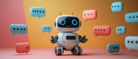 Leinwandbilder - Dynamic image of a cheerful chatbot surrounded by animated speech bubbles, symbolizing friendly communication and the effectiveness of generative AI in customer support
