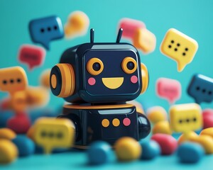 Leinwandbilder - Dynamic image of a cheerful chatbot surrounded by animated speech bubbles, symbolizing friendly communication and the effectiveness of generative AI in customer support